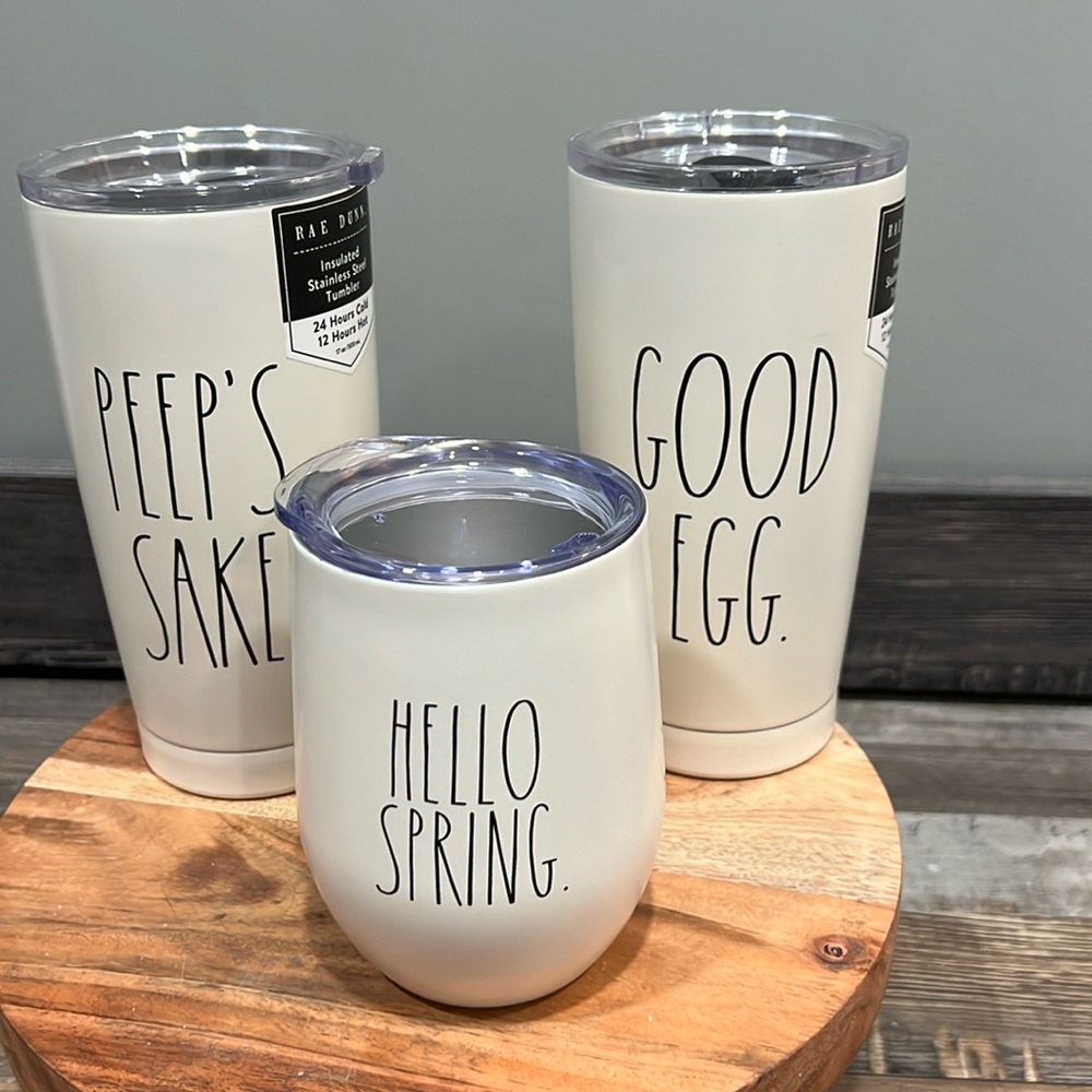 Rae Dunn Easter Peeps Sake, Good/Bad Egg, Hello Spring Stainless Steel Tumblers